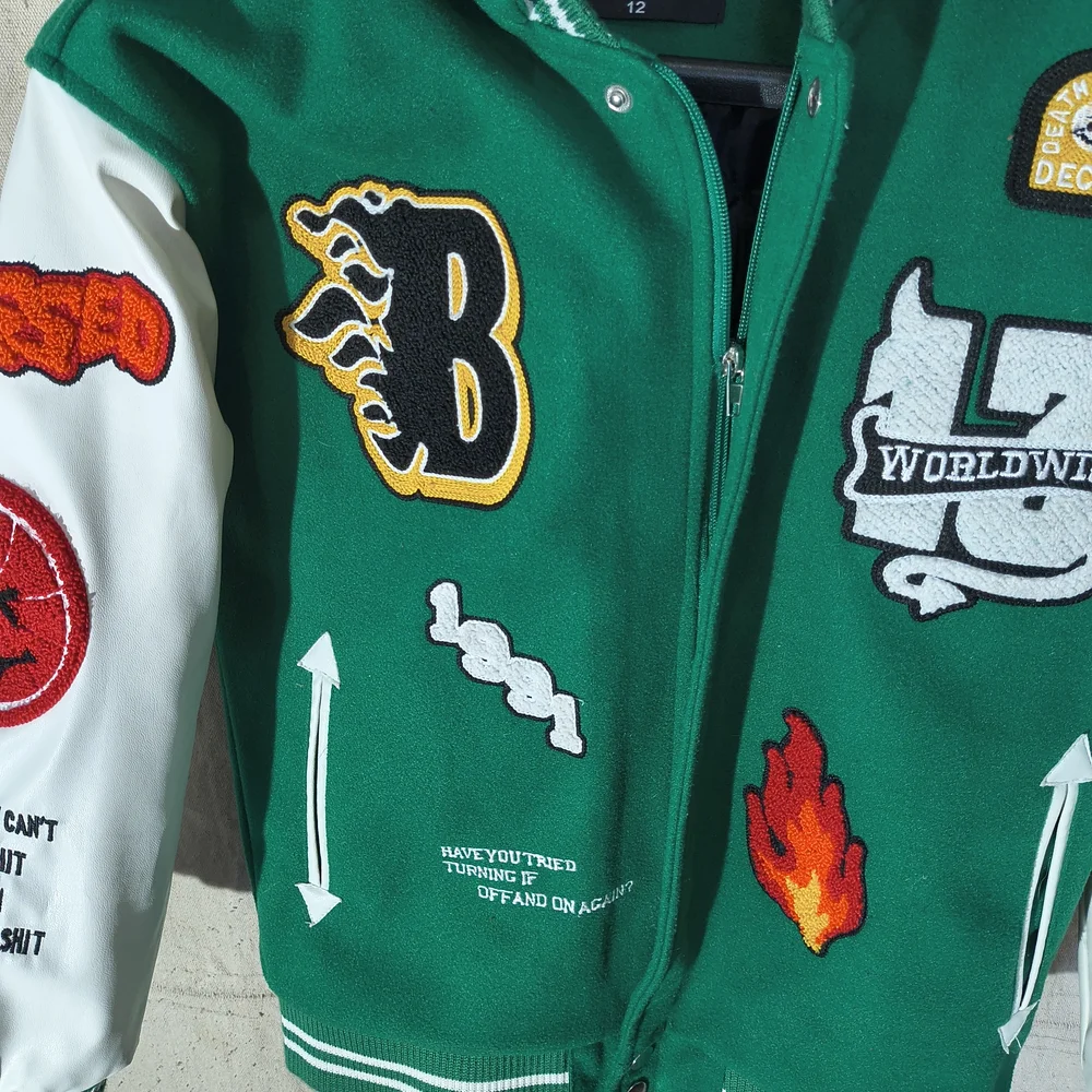 Black Pharoah Boy s Varsity Jacket Green & White W/Hood & Graphics / Patches